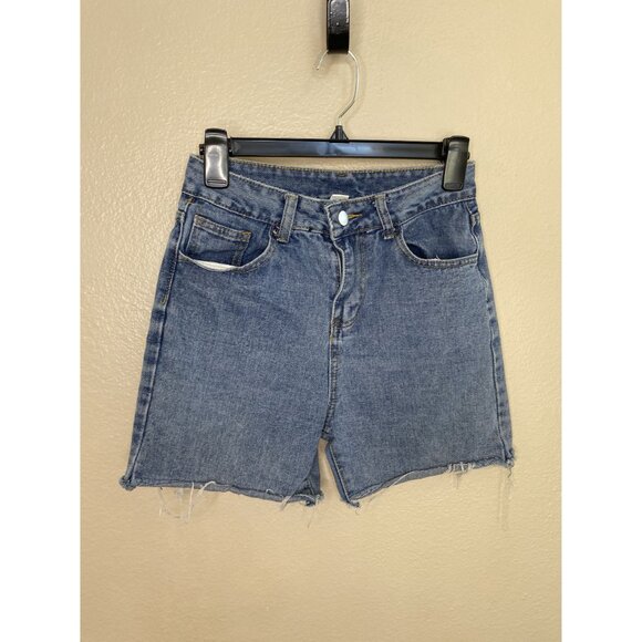 Romwe Womens Denim blue High rise Shorts xs cotton button cutoff bermuda cuffed - Picture 2 of 6